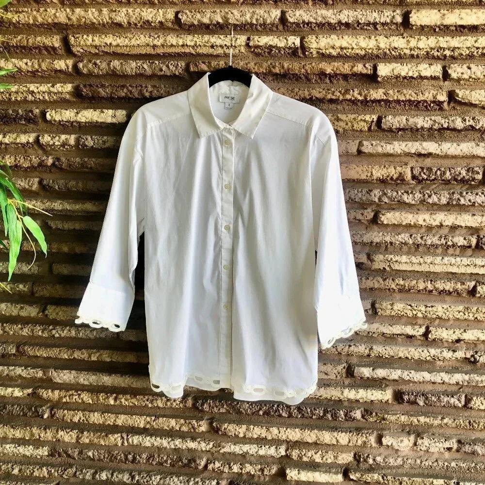 Per Se Carlisle White Scrolled Woven Braid Accents Button Front Shirt